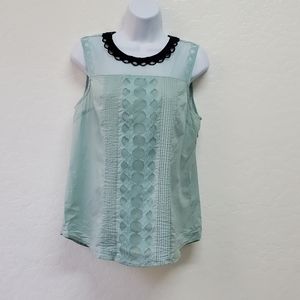 ESLEY Women's Pastel Green Embroidered Sheer Black  Collar  Sz L.